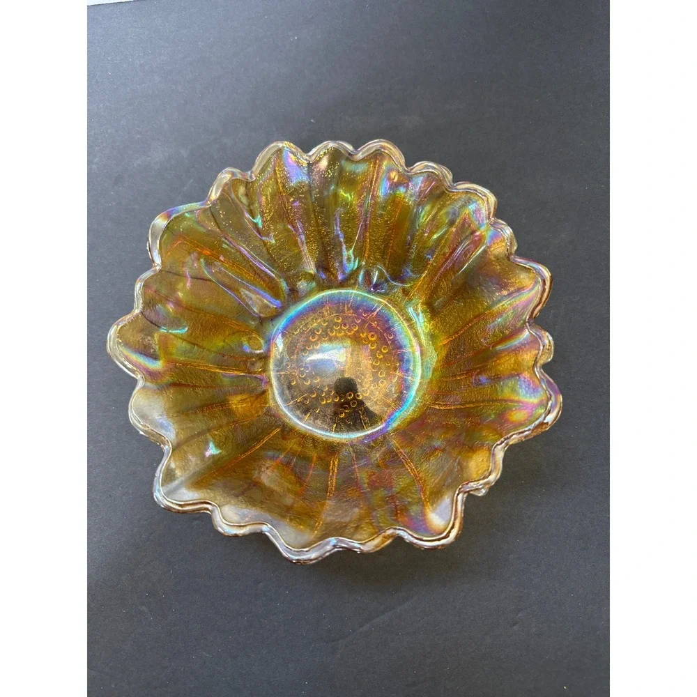 Vintage Marigold Carnival Glass Sunflower Bowl Iridescent Amber Scalloped 7.5
